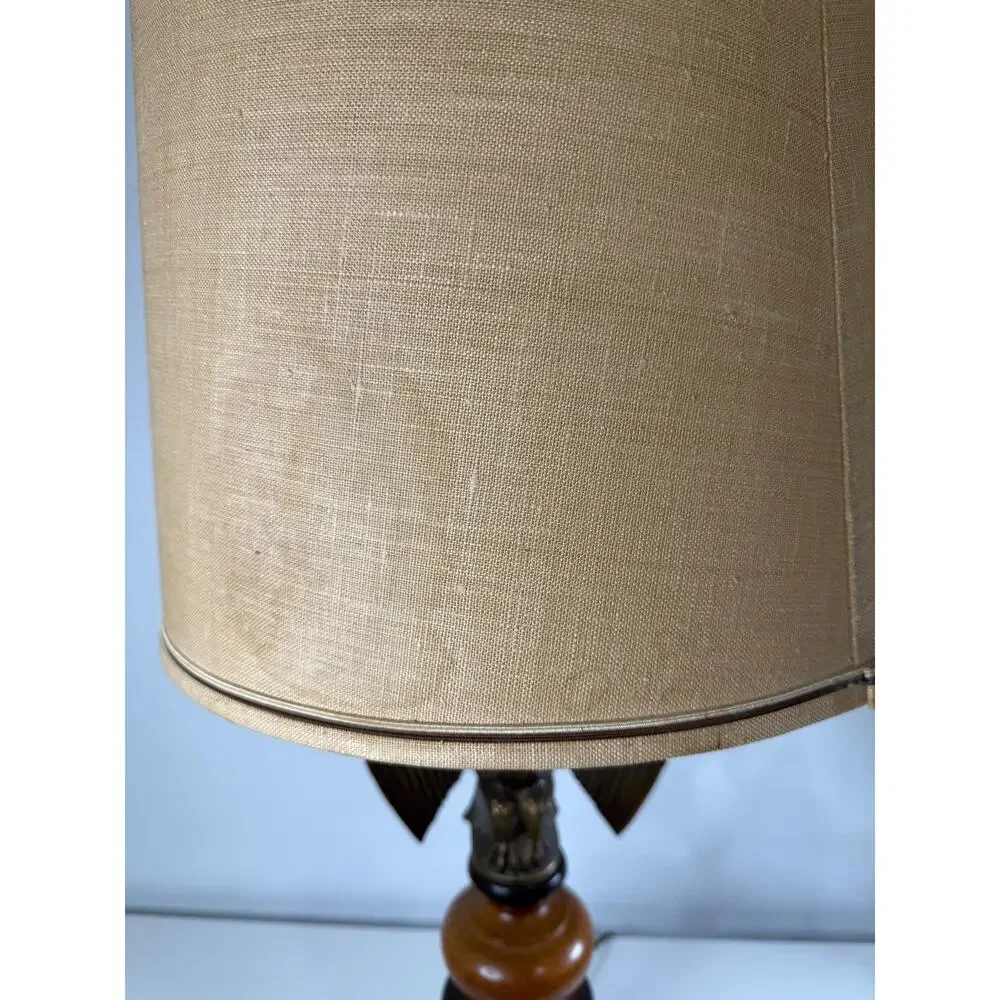 Vintage Wood Brass Table Lamp Eagle Finial Federal Style Americana Burlap Shade